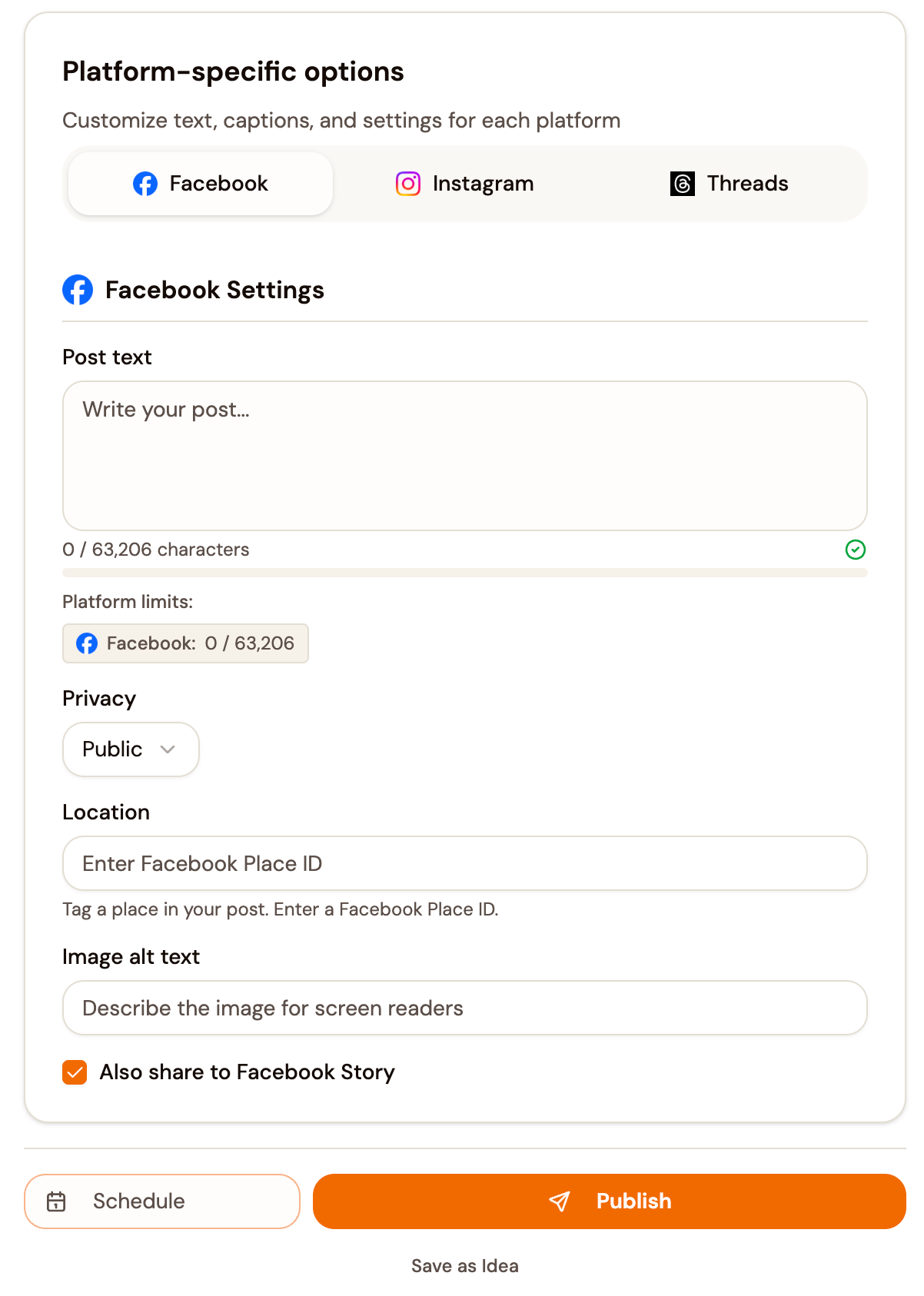 CuteDyno platform-specific options: Facebook settings with caption, privacy, location, and alt text