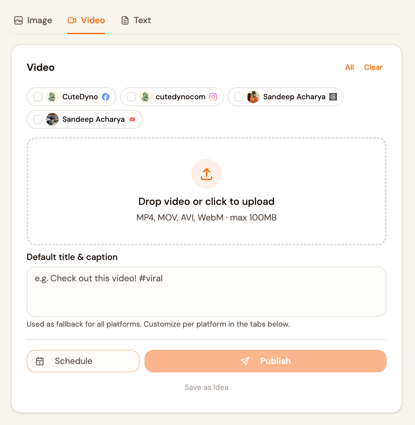 CuteDyno Create: Video tab with account selection, upload, caption, Schedule and Publish