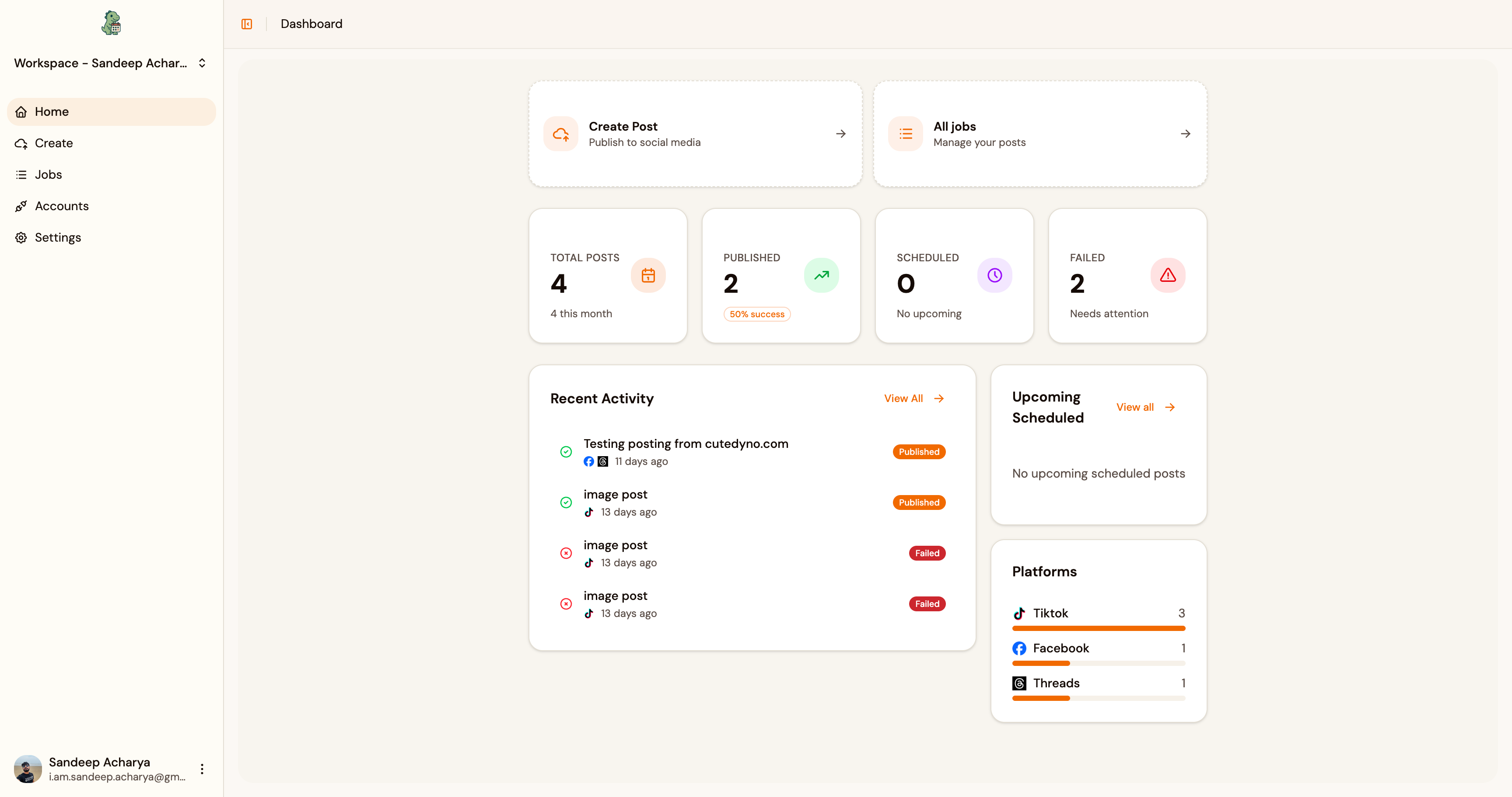 CuteDyno Home dashboard: post stats, recent activity, and shortcuts to create or manage jobs