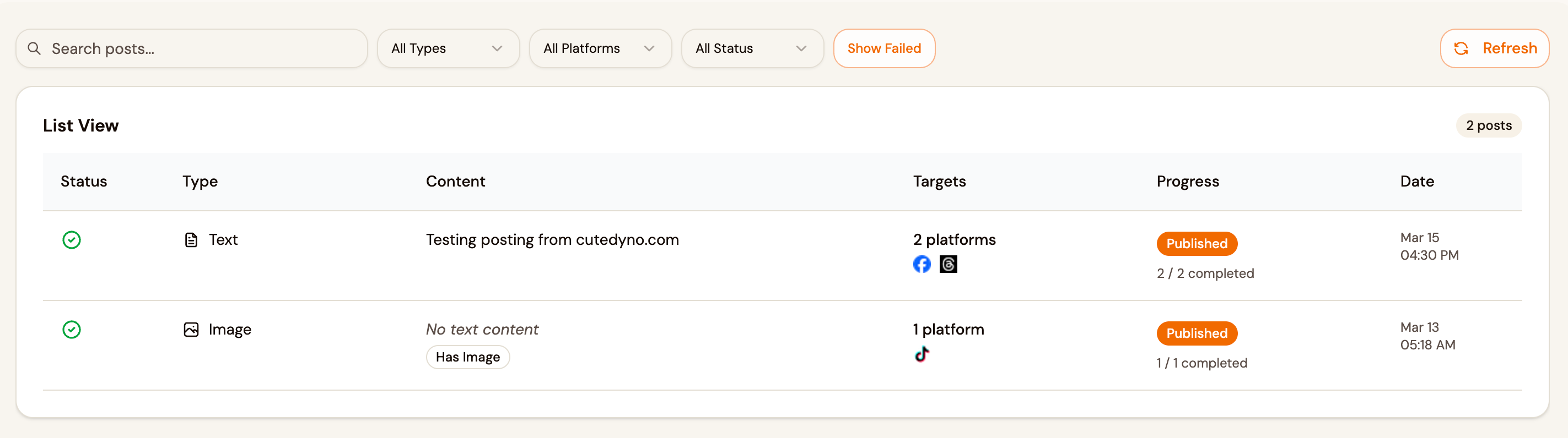 CuteDyno Jobs list: status, targets, progress, and publish dates
