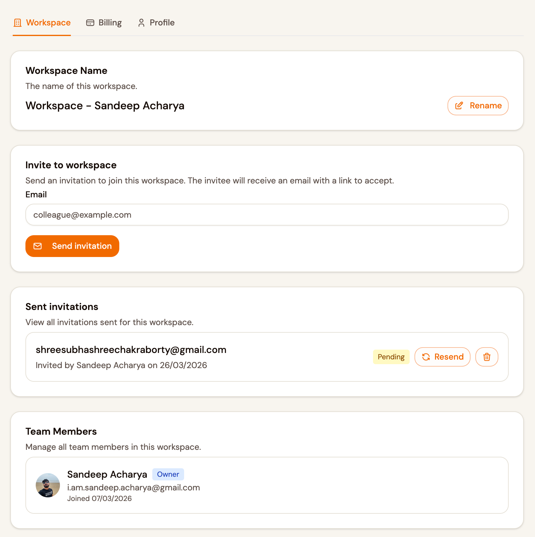 CuteDyno: team members and workspace settings