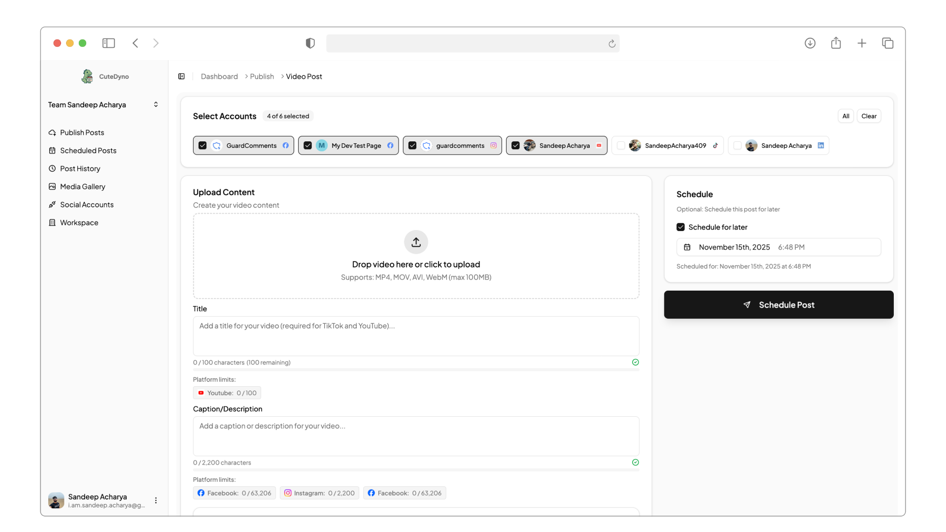 CuteDyno dashboard showing video post scheduling interface
