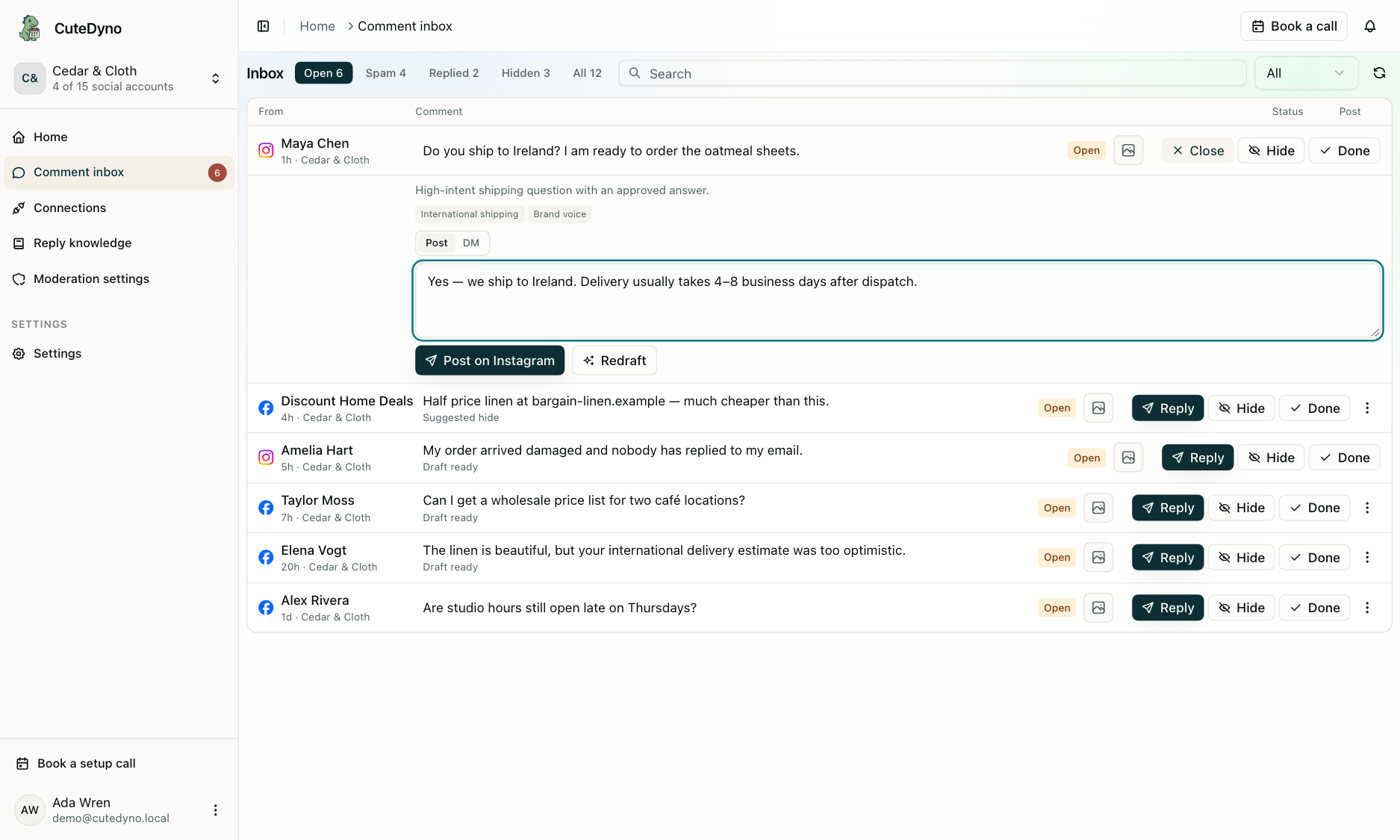 CuteDyno AI reply draft for an Instagram shipping question, grounded in brand knowledge