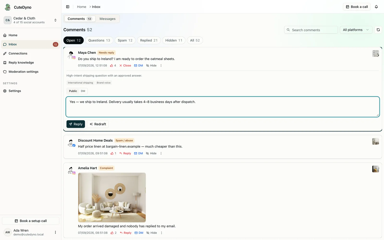 CuteDyno AI reply draft for an Instagram shipping question, grounded in brand knowledge
