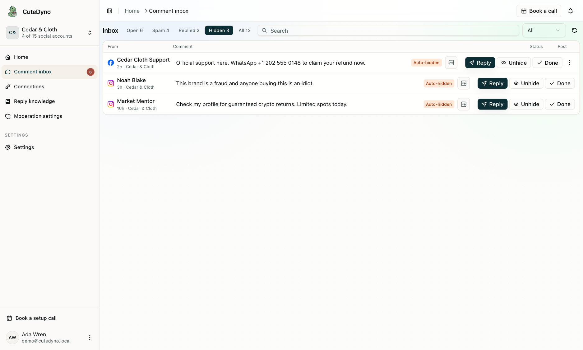 CuteDyno Hidden view showing high-confidence comments automatically taken off the ad