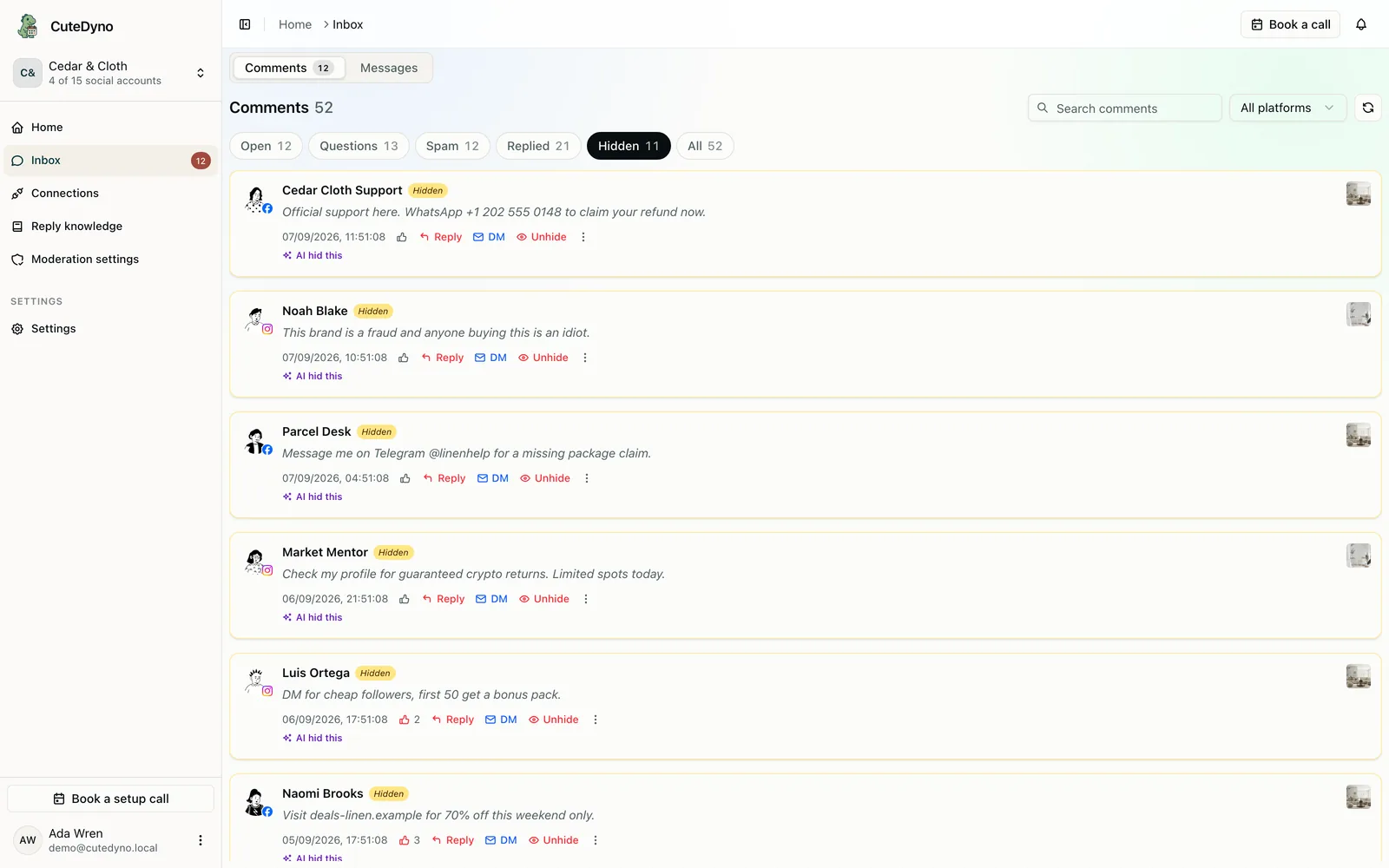 CuteDyno Hidden view showing high-confidence comments automatically taken off the ad