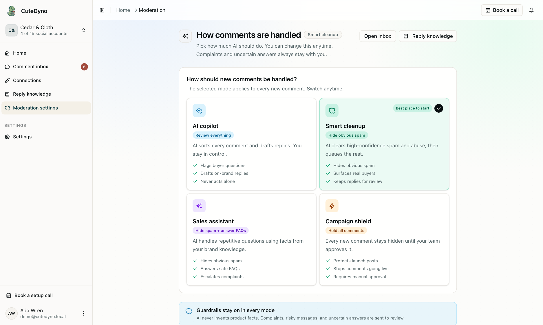 CuteDyno moderation settings with AI copilot, Smart cleanup, Sales assistant, and Campaign shield
