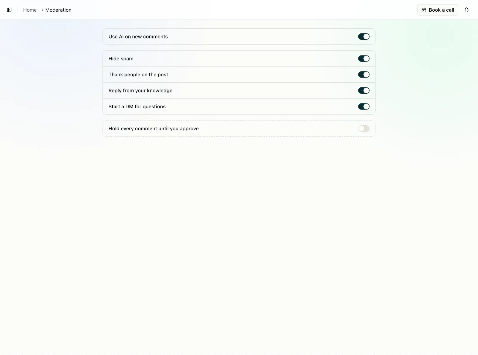 CuteDyno moderation settings with hide spam, thank-you, and start a DM switches