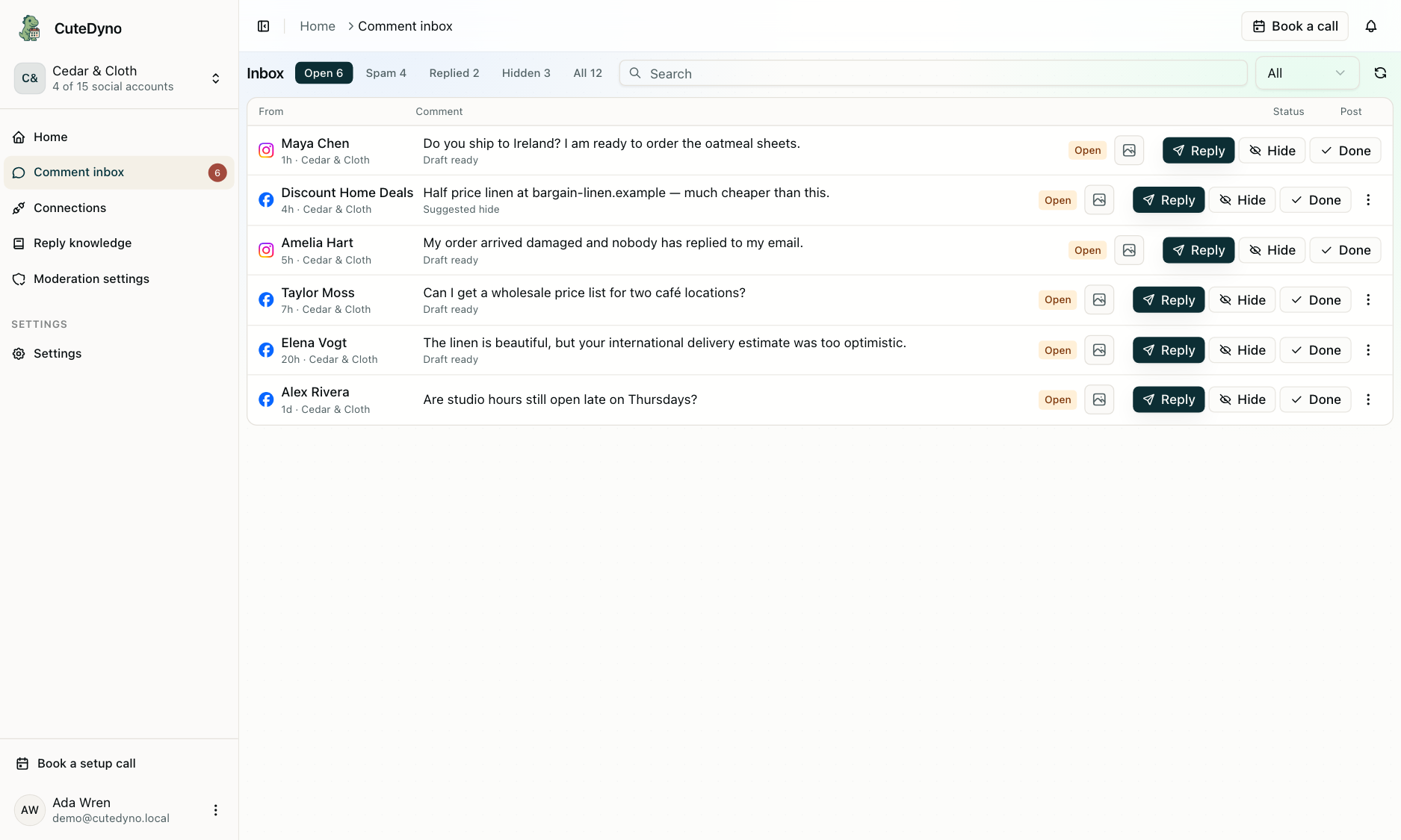 CuteDyno comment inbox with Facebook and Instagram buyer questions, spam, and draft replies