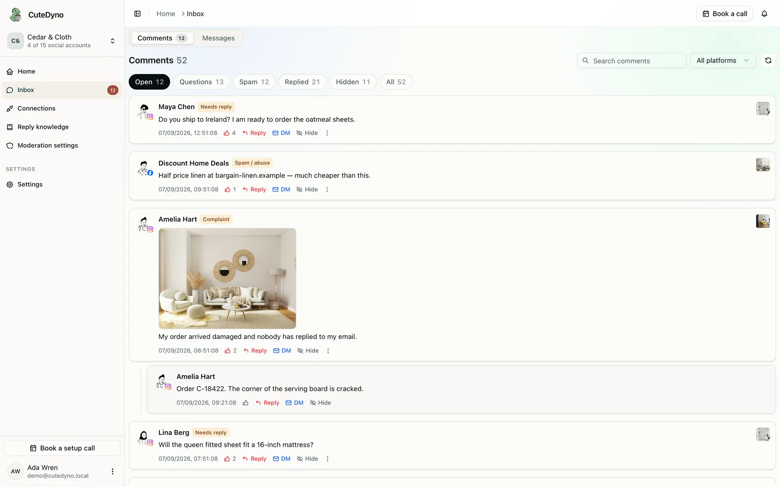CuteDyno comment inbox with Facebook and Instagram buyer questions, spam, and draft replies