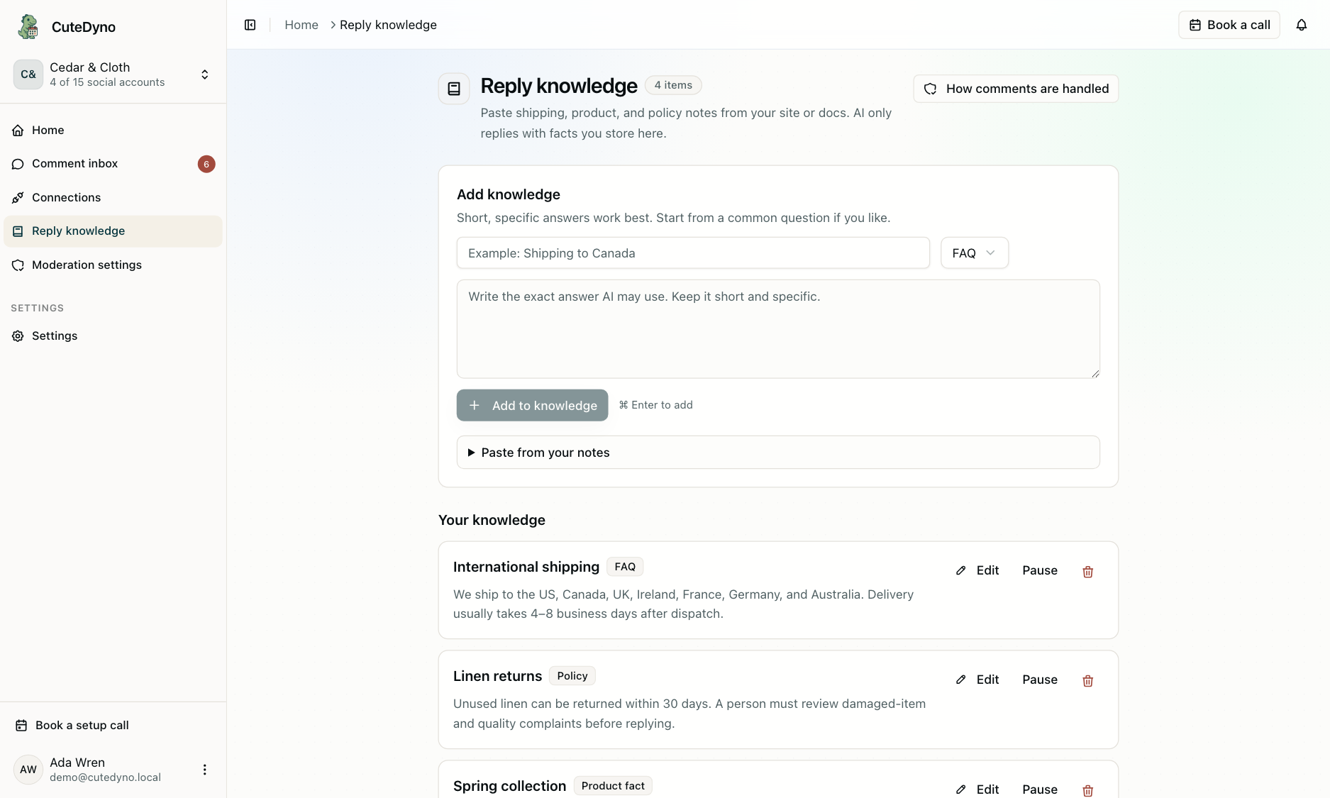 CuteDyno reply knowledge with shipping, returns, and product facts the AI is allowed to use