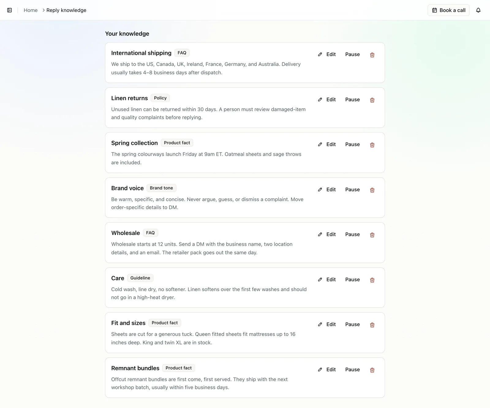 CuteDyno reply knowledge with shipping, returns, and product facts the AI is allowed to use