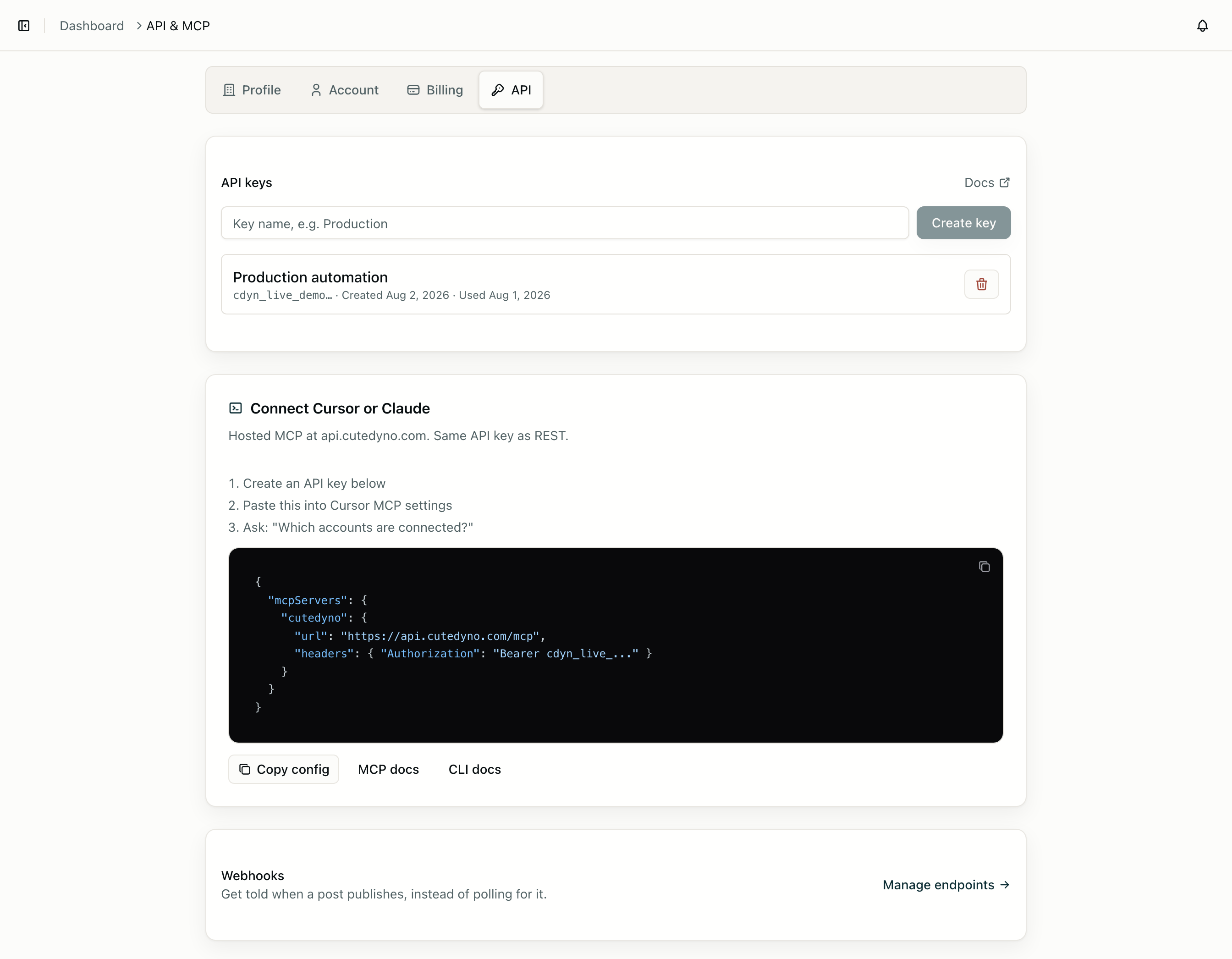CuteDyno API keys screen for REST and MCP automation access.