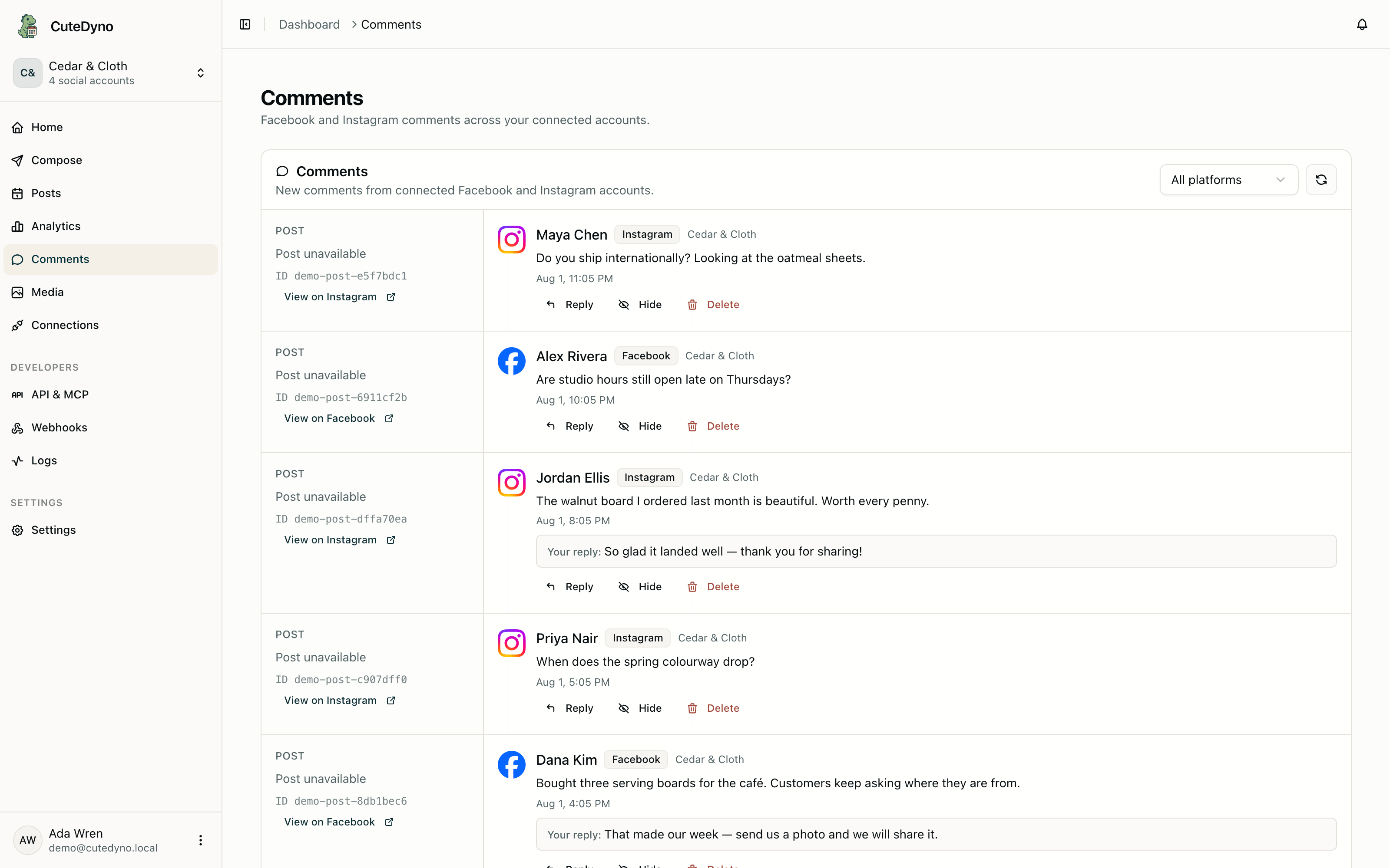 CuteDyno comments inbox with Facebook and Instagram replies in one queue.