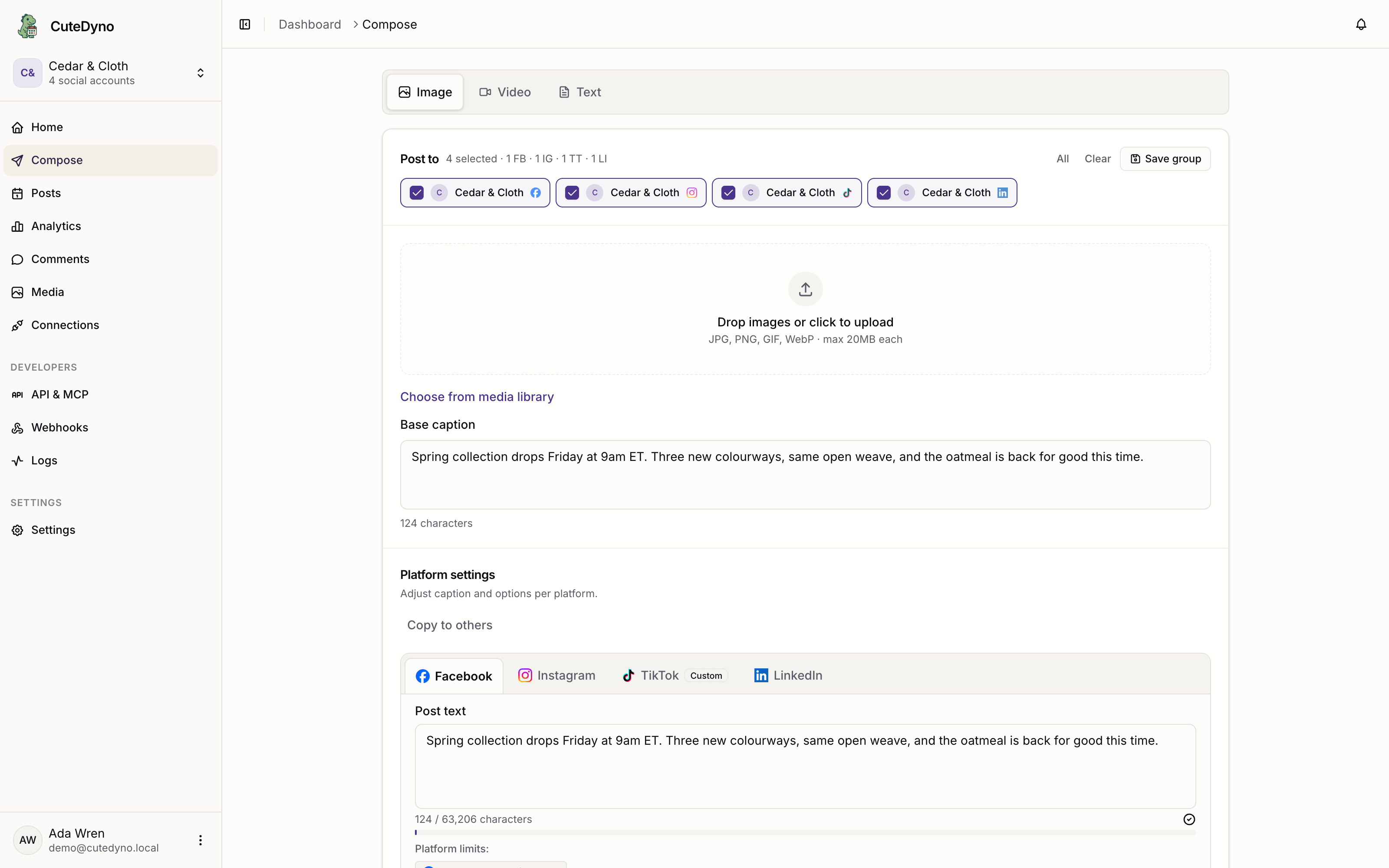 The composer with four accounts selected and per-network tabs for Facebook, Instagram, TikTok, and LinkedIn, so one post can carry a different caption and options per network.