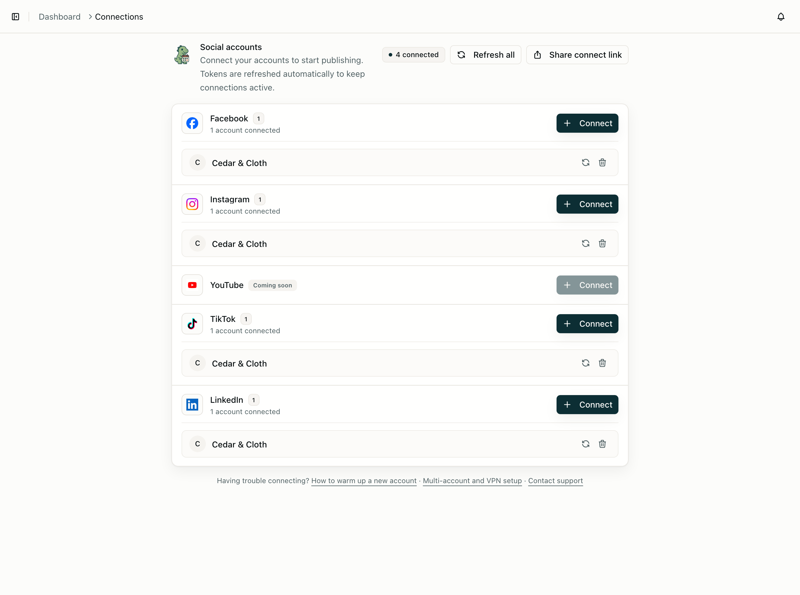 CuteDyno connections screen showing social accounts organized inside a brand profile.