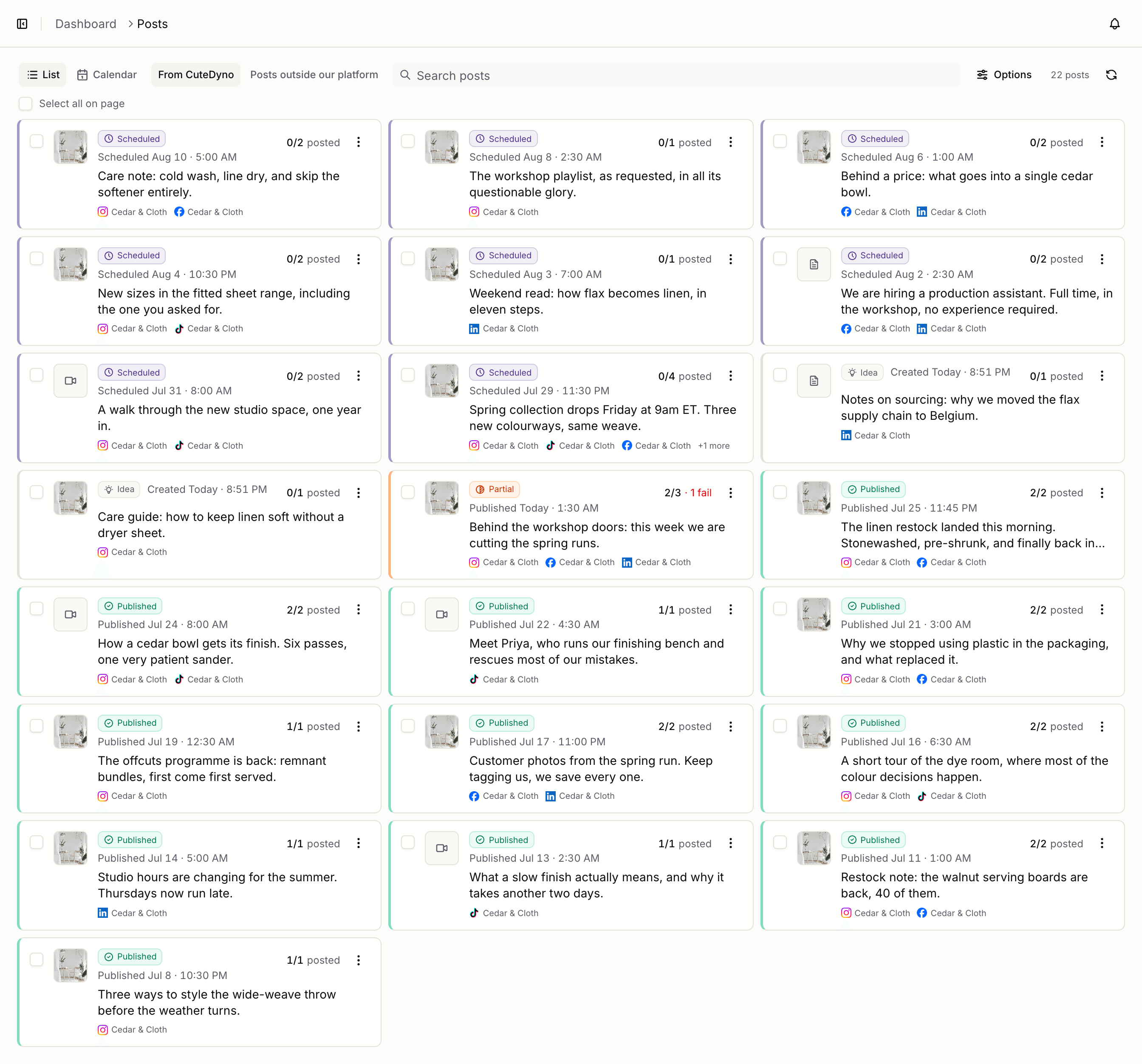 Post history showing each post with its own delivery state: published, scheduled, saved as an idea, and one partially published reading "2/3, 1 fail".