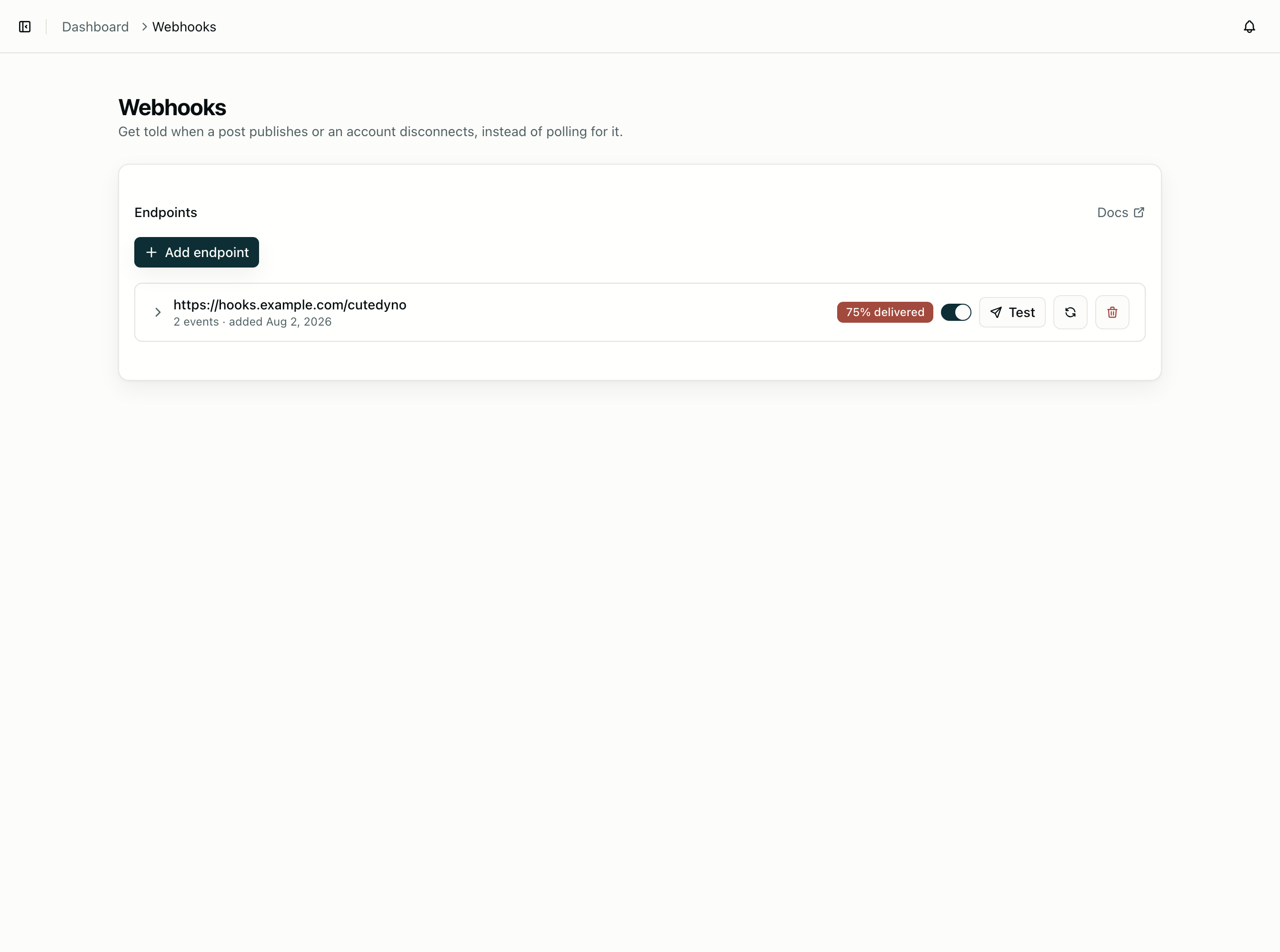 CuteDyno webhooks screen with an endpoint and recent delivery status.